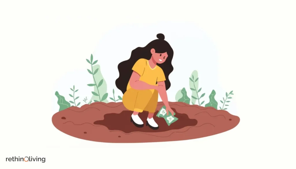 RethinqLiving.com Blog  Image about Frugal Living- Image of a a girl hiding her money in a ground pit to save her money defining the definition of a "Saving" in the blog- Saving for Rainy Days, Investing for Sunny Futures: Your Comprehensive Financial Playbook.