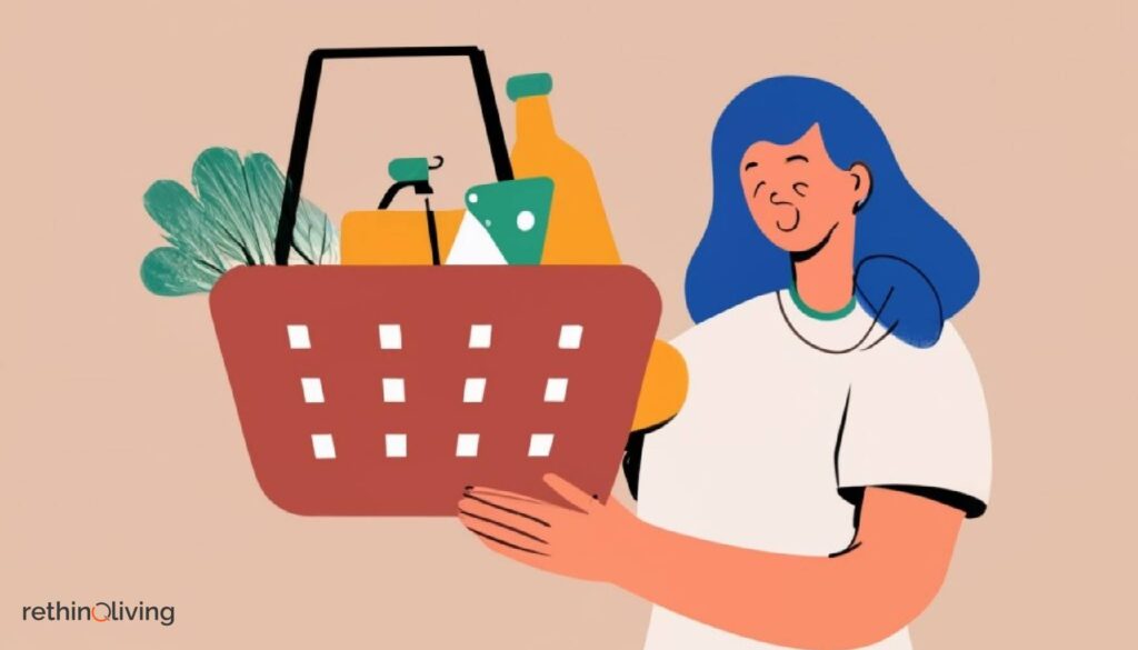 RethinqLiving.com Blog Image about Frugal Living- Image having a girl holding a basket full of grocery and message behind it is encouraging people out there to earn cashback on their grocery shopping every time they pay using Apps like Ibotta and Checkout51.