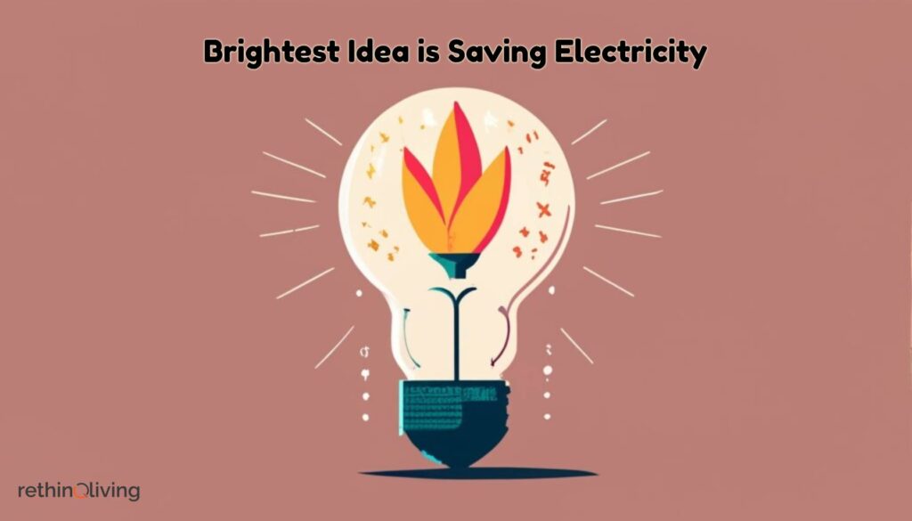  RethinqLiving.com Blog  Image about Frugal Living- A bulb having a fire like feature in the middle of it and "Brighter idea is saving electricity" written above it on a pink background.