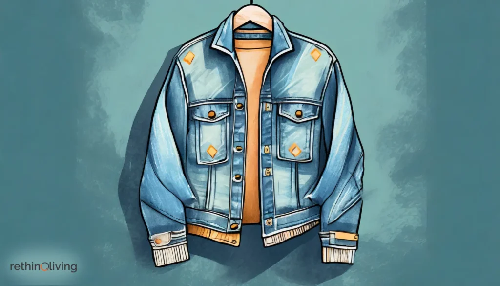 RethinqLiving.com Blog Image about Frugal Living- Image of a customized denim jacket kept on a hanger in a designer studio store in the blog- DIY vs. Store-bought: Frugal Strategies for Everyday Products.