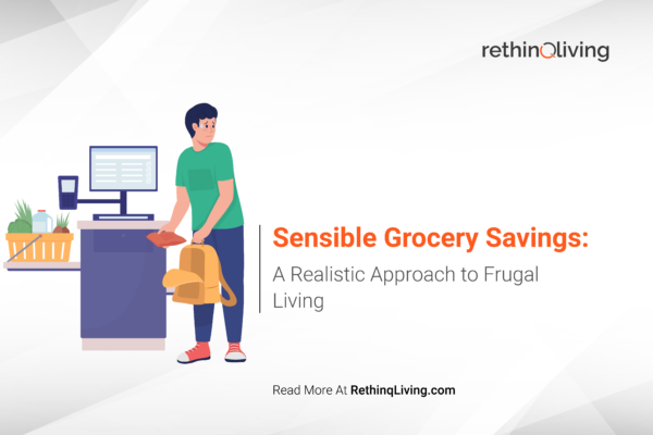 RethinqLiving.com Blog Feature Image about Frugal Living in the blog title- "Sensible Grocery Savings: A Realistic Approach to Frugal Living"