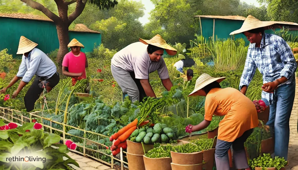 RethinqLiving.com Blog Image about Frugal Living- Image of a neighbors working in a "Community Garden" in the year 1929 during The Great Depression era in the blog- Rediscovering the Art of Frugality from the Great Depression in 2024.