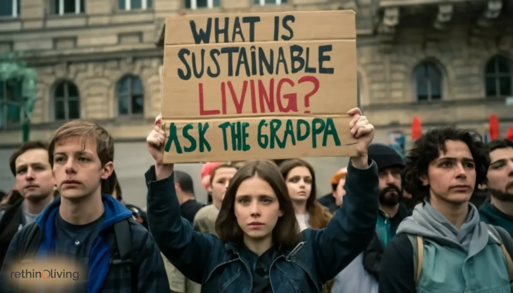 RethinqLiving.com Blog Image about Frugal Living- Image of a bunch of young people protesting and a girl in the center having a placard in her hand having written "What is Sustainable Living? Ask your Grandpa!" in the blog- Rediscovering the Art of Frugality from the Great Depression in 2024.