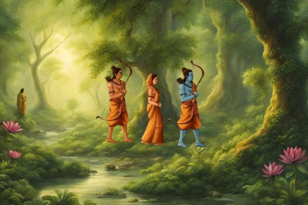 RethinqLiving.com Blog Feature Image of Lord Rama, Sita and Lakshman walking in a forest during their exile of 14 years from his kingdom of Ayondhya, as described in the sacred book of Hindus named "Ramayana" in the blog- "The Frugal Wisdom of Lord Shree Ram: Lessons from the Ramayana"