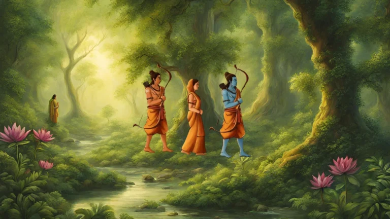 RethinqLiving.com Blog Feature Image of Lord Rama, Sita and Lakshman walking in a forest during their exile of 14 years from his kingdom of Ayondhya, as described in the sacred book of Hindus named "Ramayana" in the blog- "The Frugal Wisdom of Lord Shree Ram: Lessons from the Ramayana"