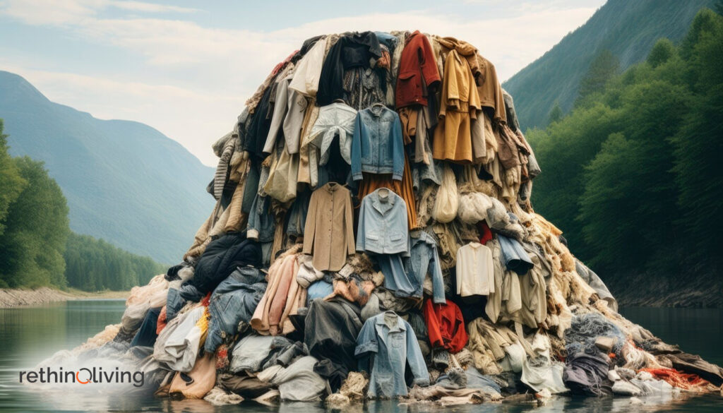 RethinqLiving.com Blog Feature Image of a lot of clothes kept above a sea or a water body like thing showing effects of having a cluttered living space in the blog- "Striking the Balance Between Quality and Quantity in Our Lives"