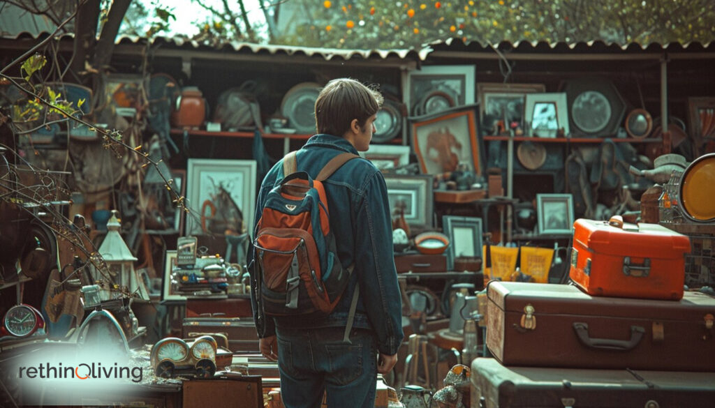 RethinqLiving.com Blog Feature Image of a guy standing next to the old and antique items as he has to purchase "Second hand and Used items at a discounted price" in the blog- "Striking the Balance Between Quality and Quantity in Our Lives"