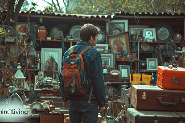 RethinqLiving.com Blog Feature Image of a guy standing next to the old and antique items as he has to purchase "Second hand and Used items at a discounted price" in the blog- "Striking the Balance Between Quality and Quantity in Our Lives"