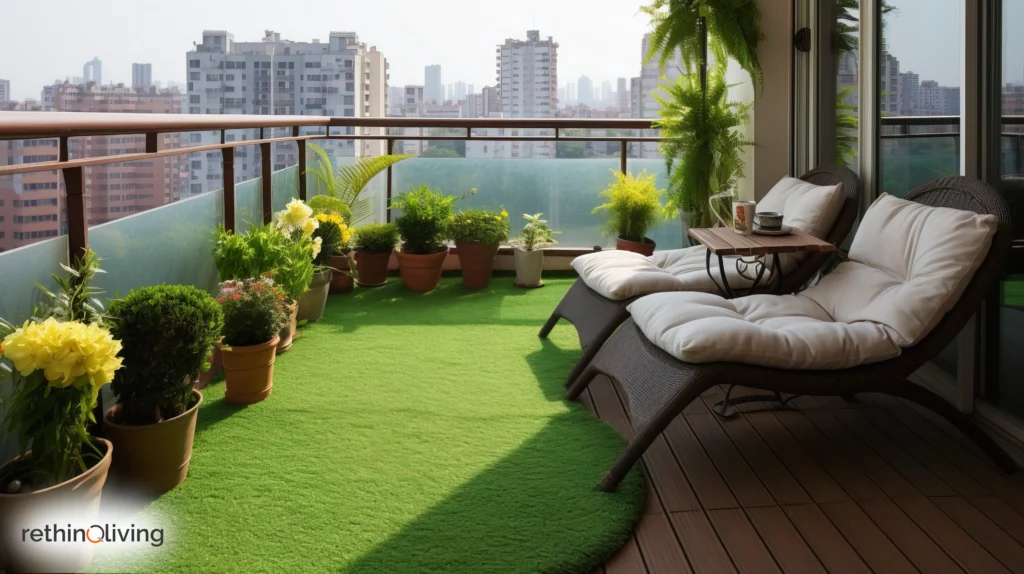 RethinqLiving.com Blog Feature Image of an Artificial Grass Mat placed in a Creative Balcony Design in the blog- "Creative Balcony Design Ideas on a Budget"