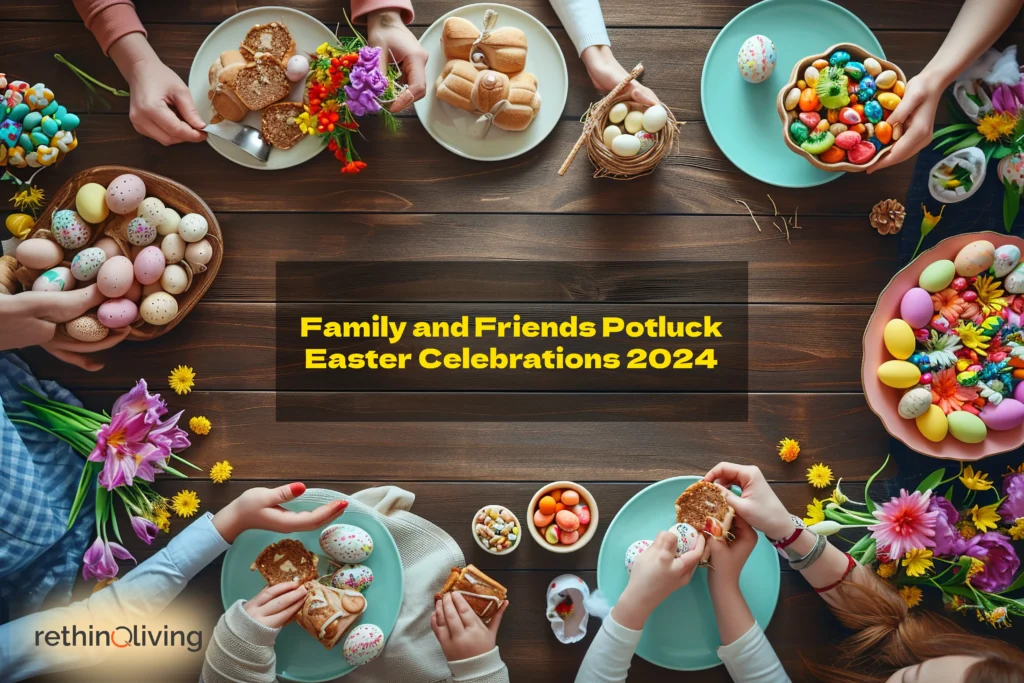 RethinqLiving.com Blog Image about Frugal Living- Image of Family and Friends Potluck for Easter Party 2024 on a Budget in the blog- Enjoying Easter on a Budget: Fun and Frugal Ideas for Family Celebrations