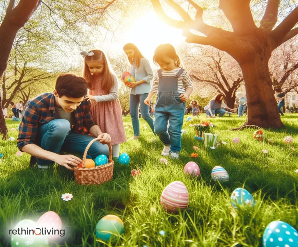 RethinqLiving.com Blog Image about Frugal Living- Image of kids enjoying Easter Hunt in their backyard in the blog- Enjoying Easter on a Budget: Fun and Frugal Ideas for Family Celebrations