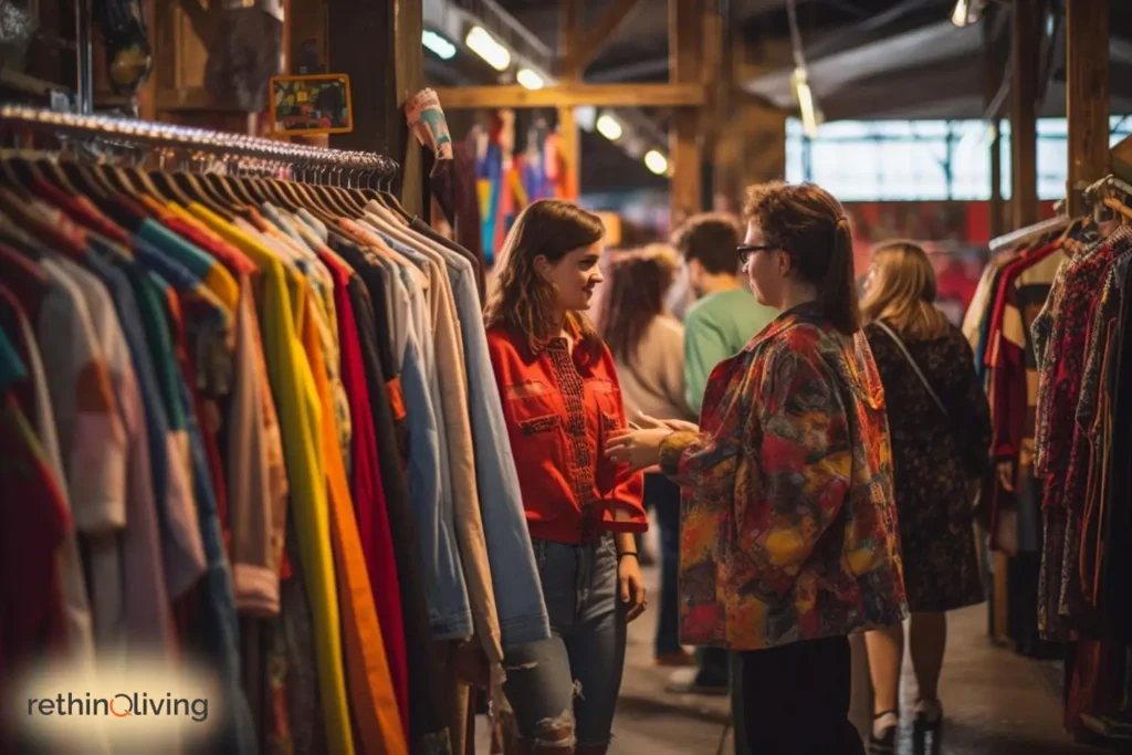 rethinqliving.com Two girls chatting standing in thrift store in their locality in Spring 2024 in the blog "Embrace Spring Fashion Trends 2024 on a Budget: Frugal Tips for Stylish Looks"